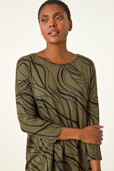 Roman Khaki Abstract Line Print Stretch Jersey Top