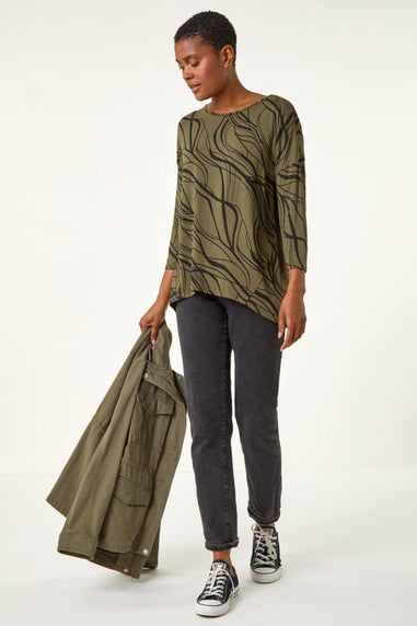 Roman Khaki Abstract Line Print Stretch Jersey Top