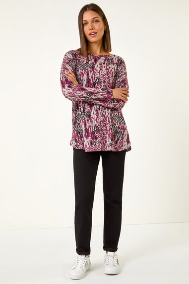 Roman Maroon Floral Ikat Print Ribbed Top