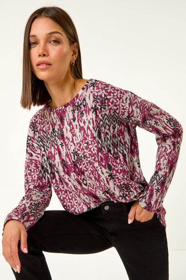 Roman Maroon Floral Ikat Print Ribbed Top