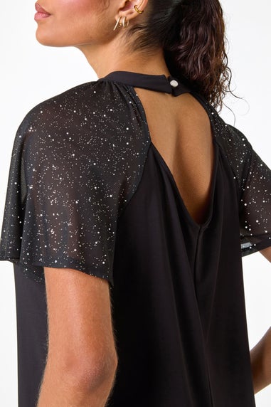 Roman Black Sparkle Mesh Sleeve Jersey Top