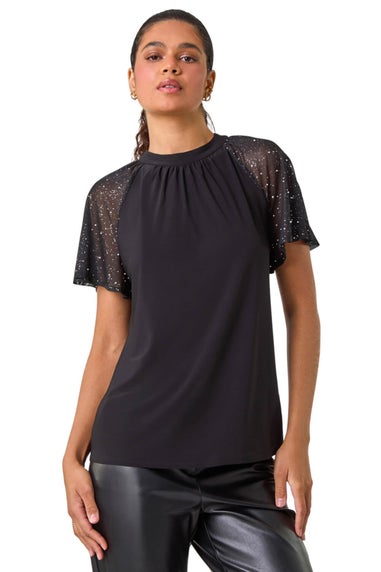 Roman Black Sparkle Mesh Sleeve Jersey Top