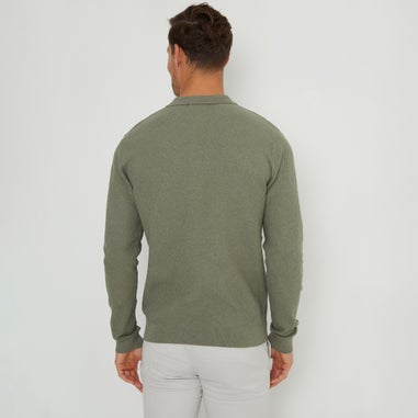 Threadbare Olive Long Sleeve Textured Knitted Polo