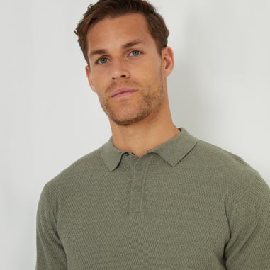 Threadbare Olive Long Sleeve Textured Knitted Polo