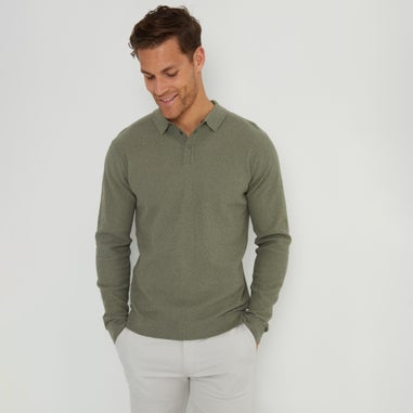 Threadbare Olive Long Sleeve Textured Knitted Polo