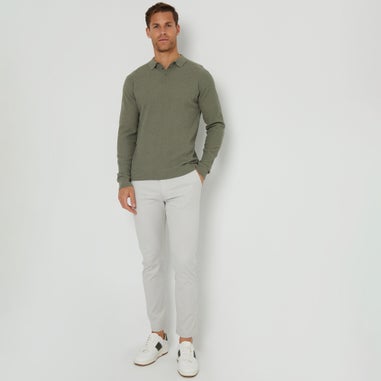 Threadbare Olive Long Sleeve Textured Knitted Polo