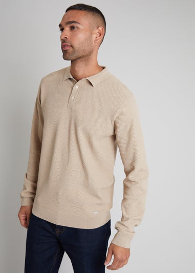 Threadbare Camel Long Sleeve Textured Knitted Polo