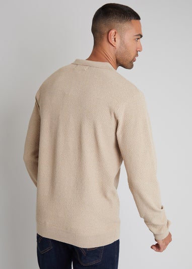 Threadbare Camel Long Sleeve Textured Knitted Polo