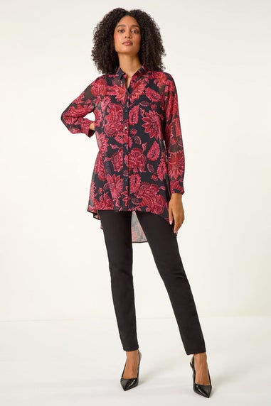 Roman Red Floral Longline Button Detail Shirt