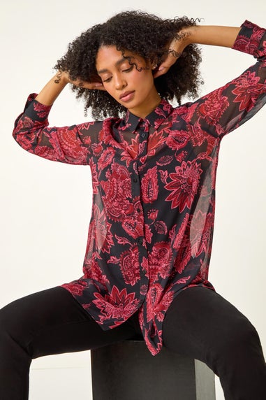 Roman Red Floral Longline Button Detail Shirt