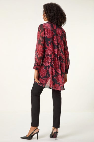 Roman Red Floral Longline Button Detail Shirt