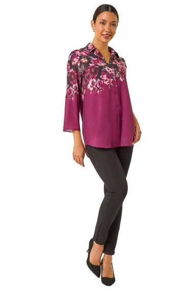 Roman Purple Floral Print Relaxed Stretch Blouse