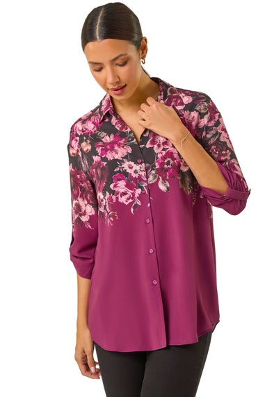 Roman Purple Floral Print Relaxed Stretch Blouse