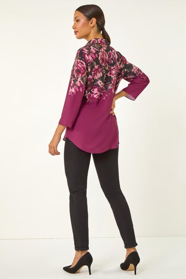 Roman Purple Floral Print Relaxed Stretch Blouse