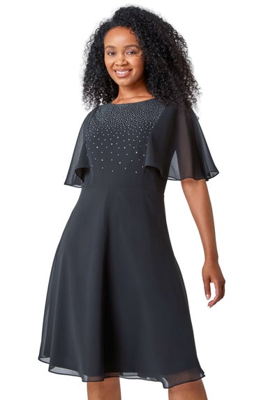 Roman Black Petite Embellished Skater Dress