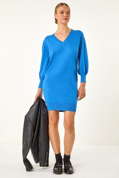 Roman Blue V-Neck Knit Jumper Dress