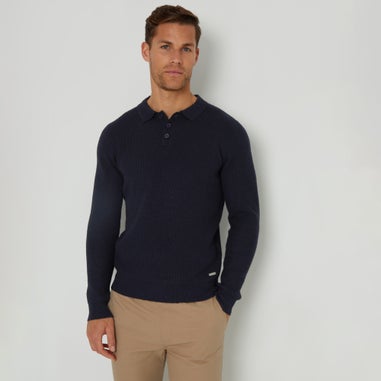 Threadbare Navy Knitted Long Sleeve Polo Jumper