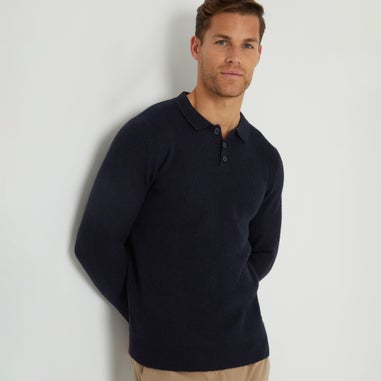 Threadbare Navy Knitted Long Sleeve Polo Jumper