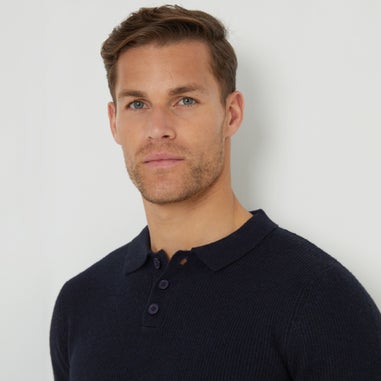 Threadbare Navy Knitted Long Sleeve Polo Jumper