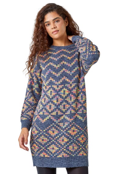 Roman Grey Geometric Print Jacquard Jumper Dress