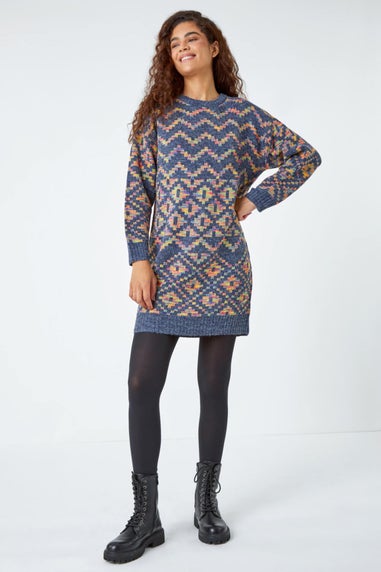 Roman Grey Geometric Print Jacquard Jumper Dress