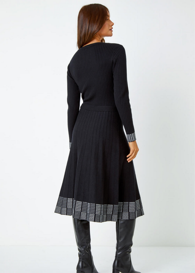 Roman Black Ribbed Stretch Knit Border Print Dress