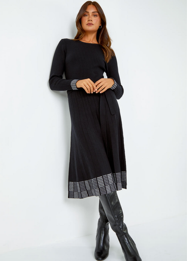 Roman Black Ribbed Stretch Knit Border Print Dress