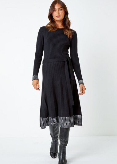 Roman Black Ribbed Stretch Knit Border Print Dress