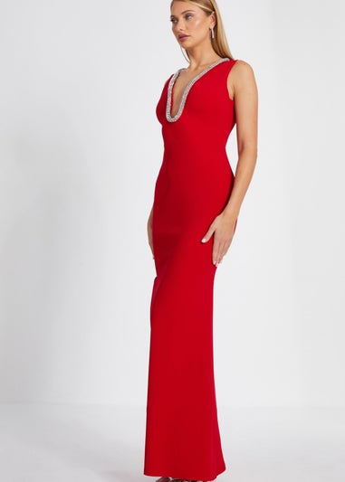 Quiz Red Diamante Trim Fishtail Maxi Dress