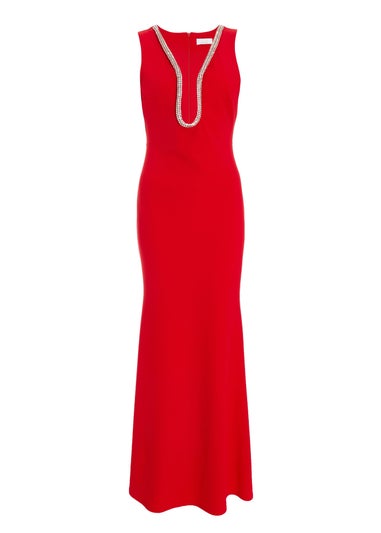 Quiz Red Diamante Trim Fishtail Maxi Dress