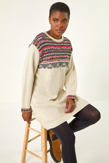 Roman Ivory Nordic Pattern Knitted Shift Dress