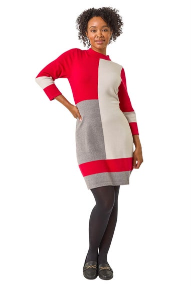 Roman Red Petite Colour Block Knitted Dress