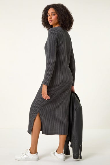 Roman Charcoal Wave Textured V-Neck Stretch Midi Dress