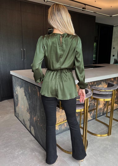 AX Paris Olive Satin Long Sleeve Gold Detail Belt Top