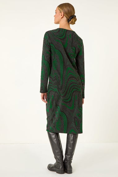 Roman Green Textured Swirl Pattern Stretch Midi Dress