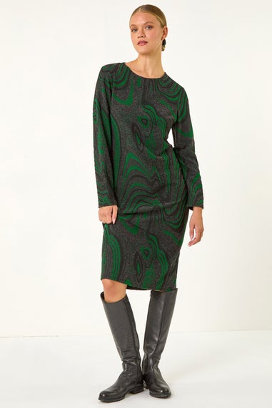 Roman Green Textured Swirl Pattern Stretch Midi Dress