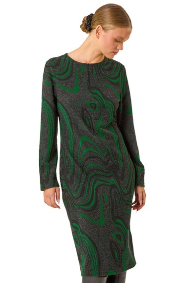 Roman Green Textured Swirl Pattern Stretch Midi Dress