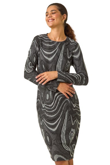 Roman Grey Textured Swirl Pattern Stretch Midi Dress