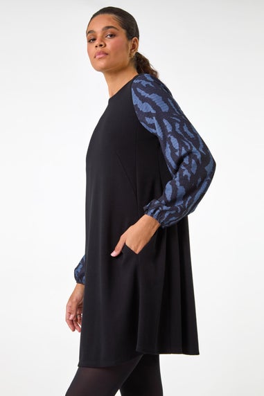 Roman Blue Contrast Sleeve A-Line Dress