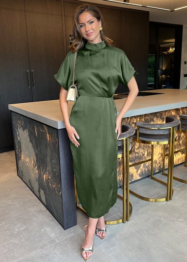 AX Paris Olive Satin High Neck Wrap Skirt Midi Dress