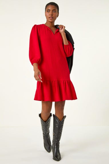 Roman Red Textured V-Neck Frill Hem Smock Dress