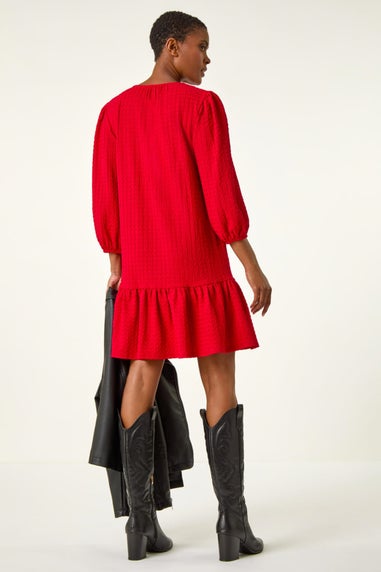 Roman Red Textured V-Neck Frill Hem Smock Dress