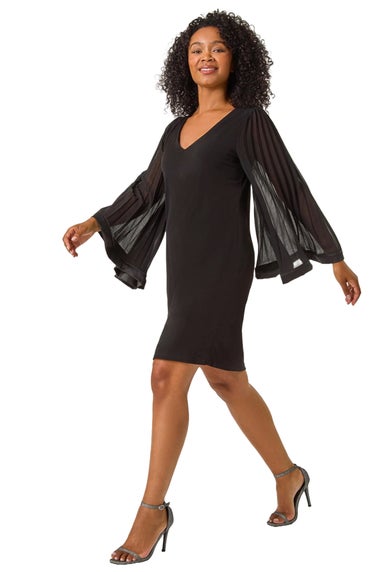 Roman Black Petite V-Neck Pleat Sleeve Shift Dress