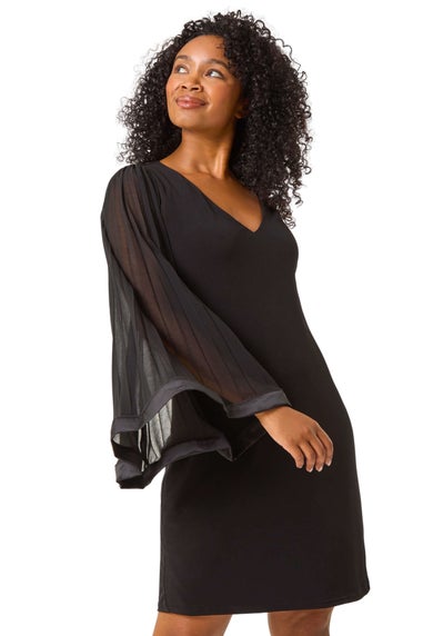 Roman Black Petite V-Neck Pleat Sleeve Shift Dress