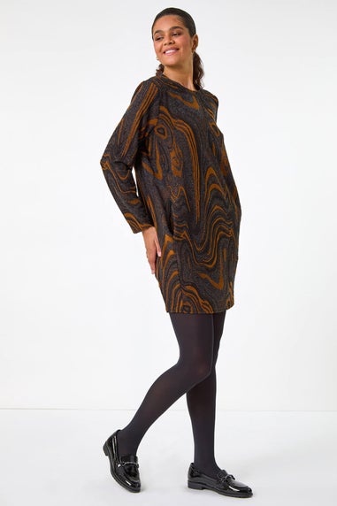 Roman Tan Textured Swirl Pattern Stretch Cocoon Dress