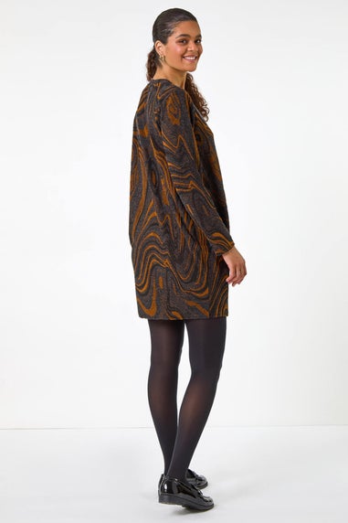 Roman Tan Textured Swirl Pattern Stretch Cocoon Dress