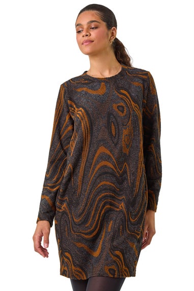 Roman Tan Textured Swirl Pattern Stretch Cocoon Dress