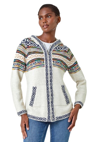 Roman Ivory Nordic Print Knitted Zip Up Hoodie