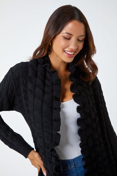 Roman Black Longline Ruffle Detail Cardigan