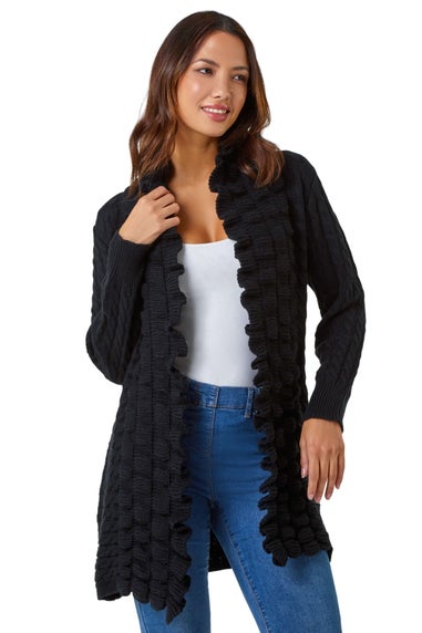 Roman Black Longline Ruffle Detail Cardigan